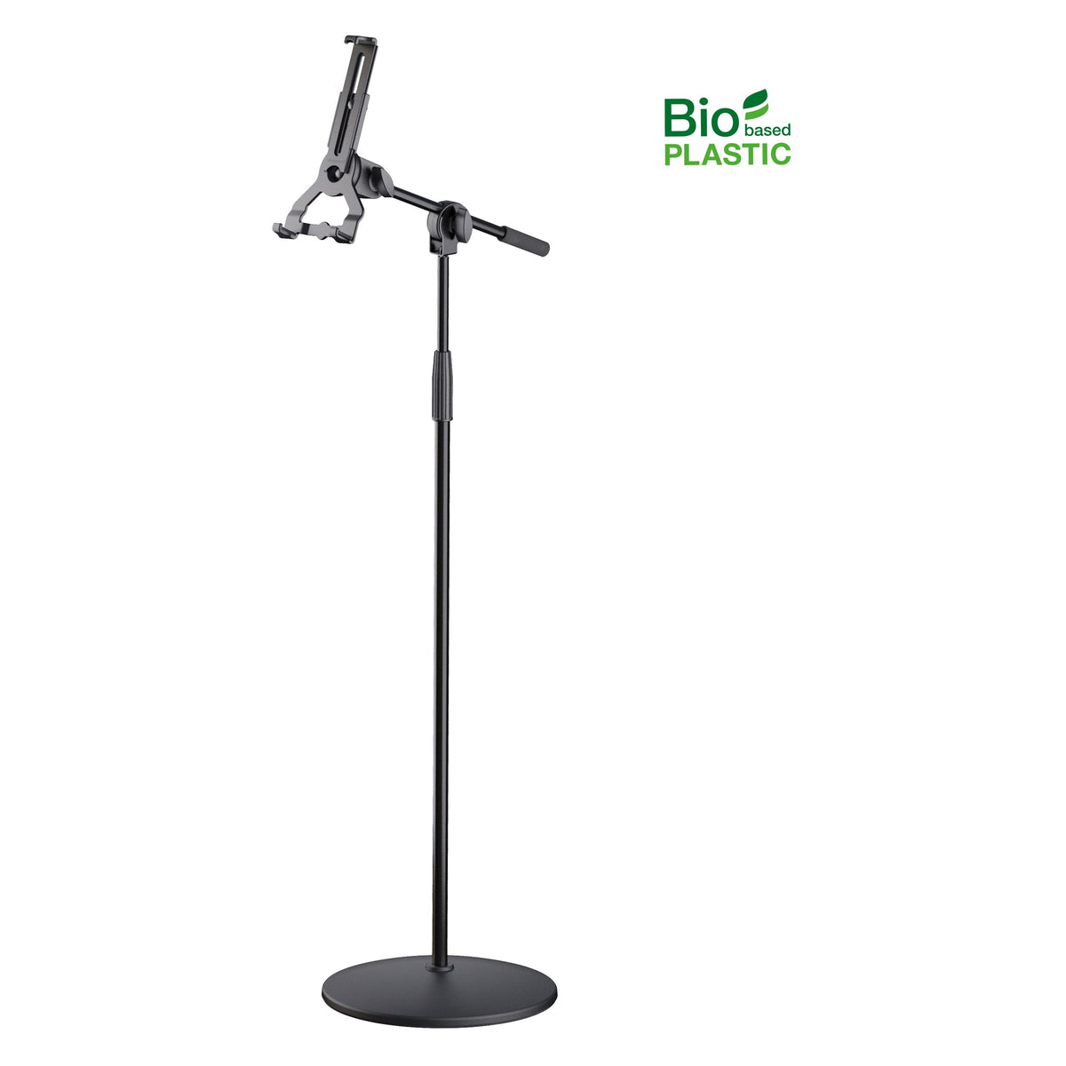 19789 universal tablet holder stand front view with empty clamp on boom arm, round weighted base and Bio-based Plastic logo, K&M