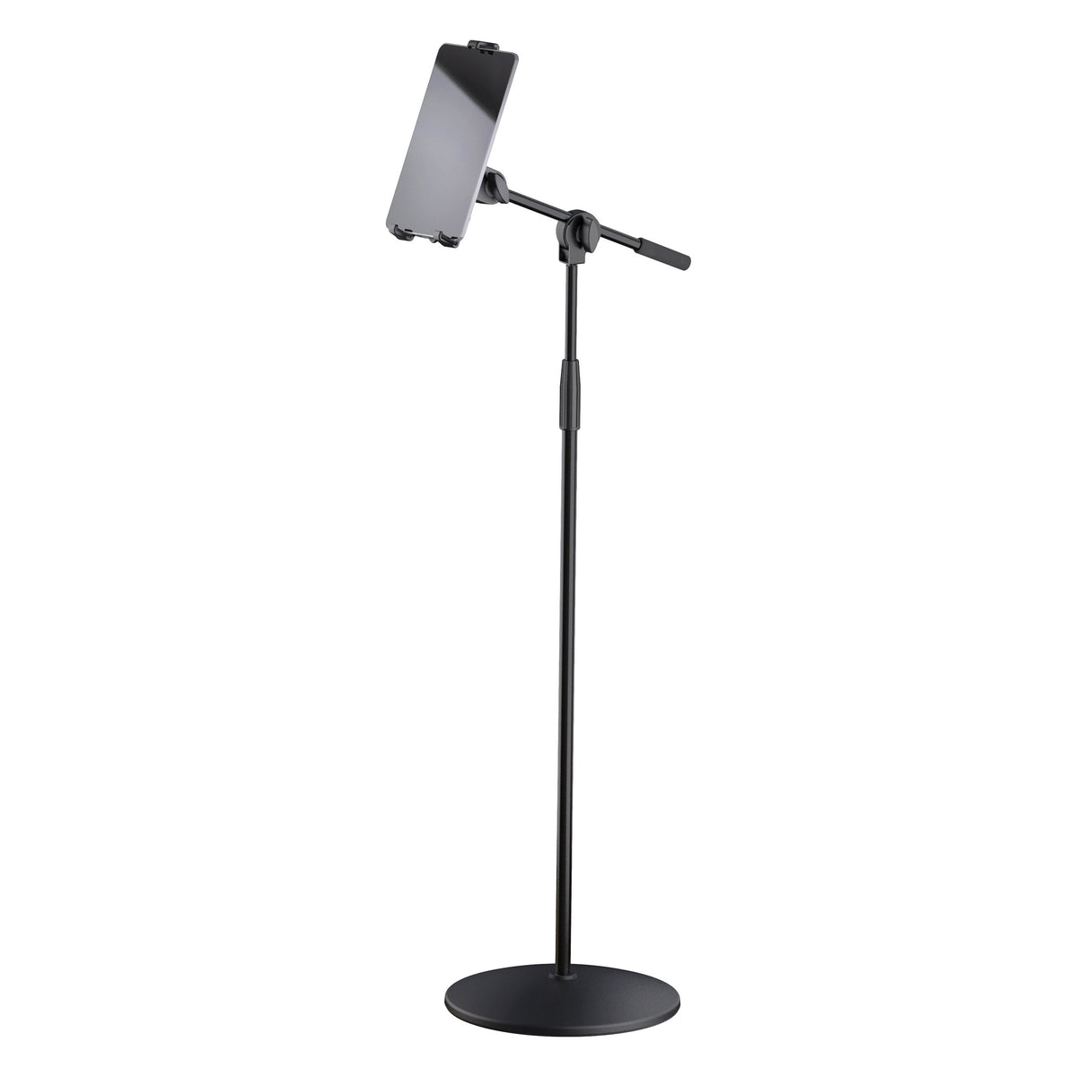 19789 universal tablet holder stand front view with tablet mounted in the clamp on the boom arm above a round base, K&M
