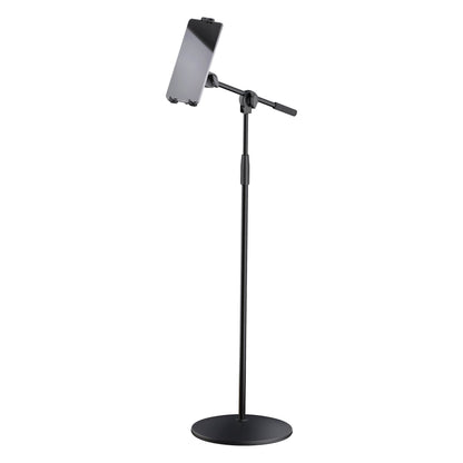19789 universal tablet holder stand front view with tablet mounted in the clamp on the boom arm above a round base, K&M
