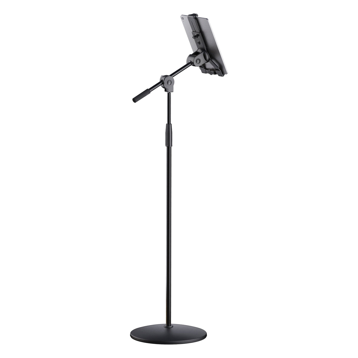 19789 universal tablet holder stand rear three-quarter view showing tablet clamp joint and boom arm with grip handle, K&M