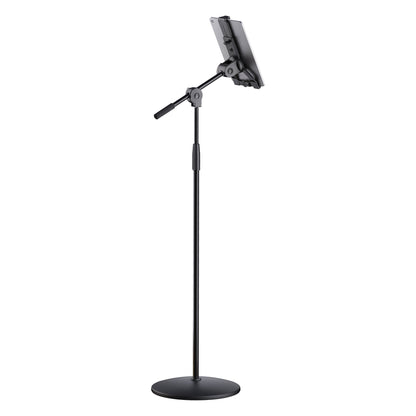 19789 universal tablet holder stand rear three-quarter view showing tablet clamp joint and boom arm with grip handle, K&M