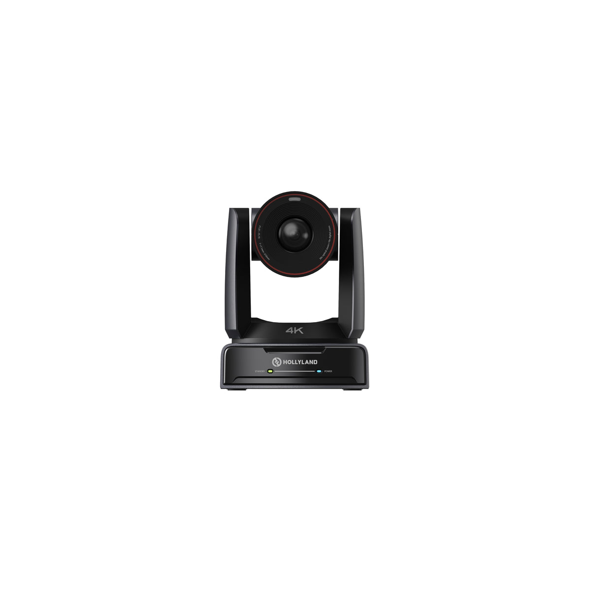 HL-ASTRA P1 4K PTZ camera front view showing red-ringed zoom lens and 4K badge with standby and power LEDs, Hollyland