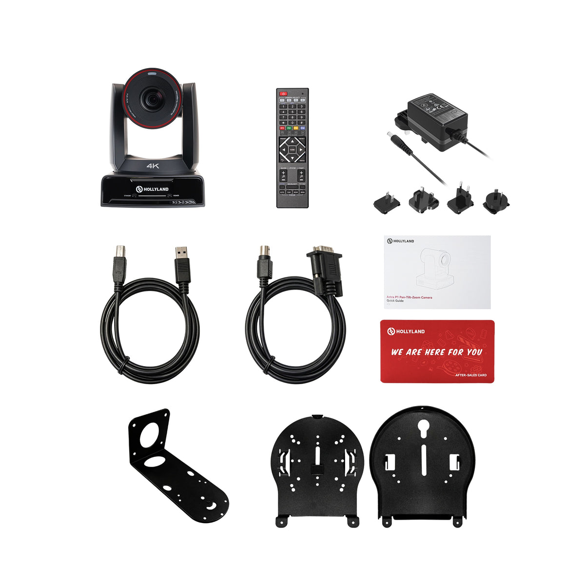 HL-ASTRA P1 PTZ camera kit contents with IR remote, power supply with international plugs, USB and RS-232 cables, quick guide and mounting brackets, Hollyland