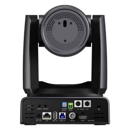 HL-ASTRA P1 PTZ camera rear panel with line in/out, DC 12V, LAN, USB 2.0, USB 3.0, 3G-SDI, HDMI and RS-232 connectors, Hollyland