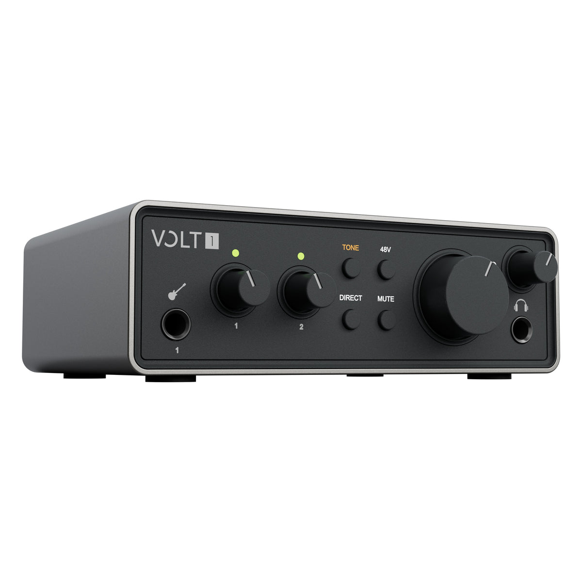 Volt 1 Gen 2 three-quarter front view showing instrument input, gain knobs 1 and 2, Tone, 48V, Direct and Mute buttons, monitor and headphone knobs, Universal Audio