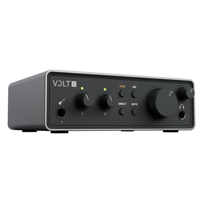 Volt 1 Gen 2 three-quarter front view showing instrument input, gain knobs 1 and 2, Tone, 48V, Direct and Mute buttons, monitor and headphone knobs, Universal Audio