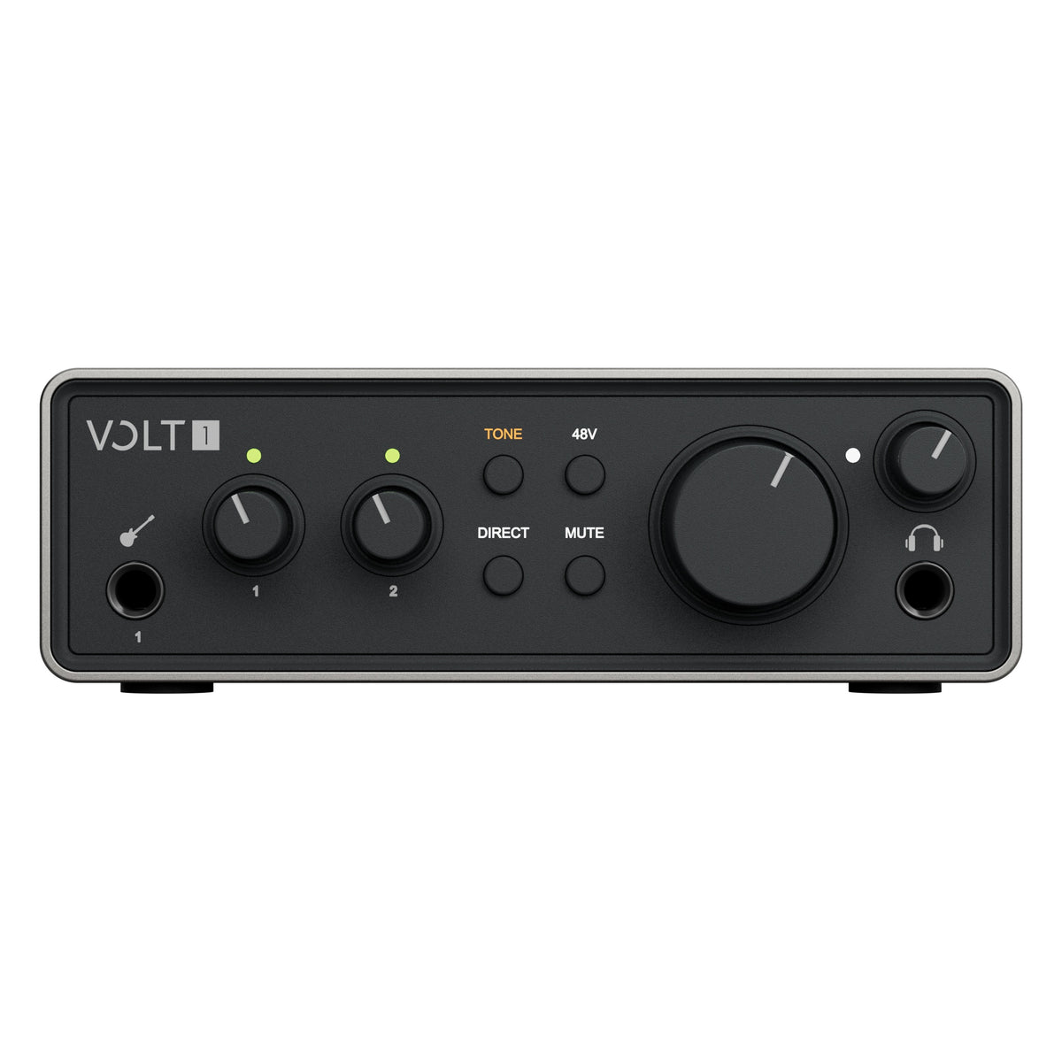 Volt 1 Gen 2 front view with instrument input, two gain knobs with green LEDs, Tone, 48V, Direct and Mute buttons, large monitor knob and headphone output, Universal Audio