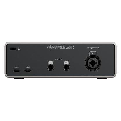Volt 1 Gen 2 rear panel showing combo XLR/TRS mic-line input 2, two 1/4 inch monitor outputs, USB-C host and 5VDC ports and lock slot, Universal Audio