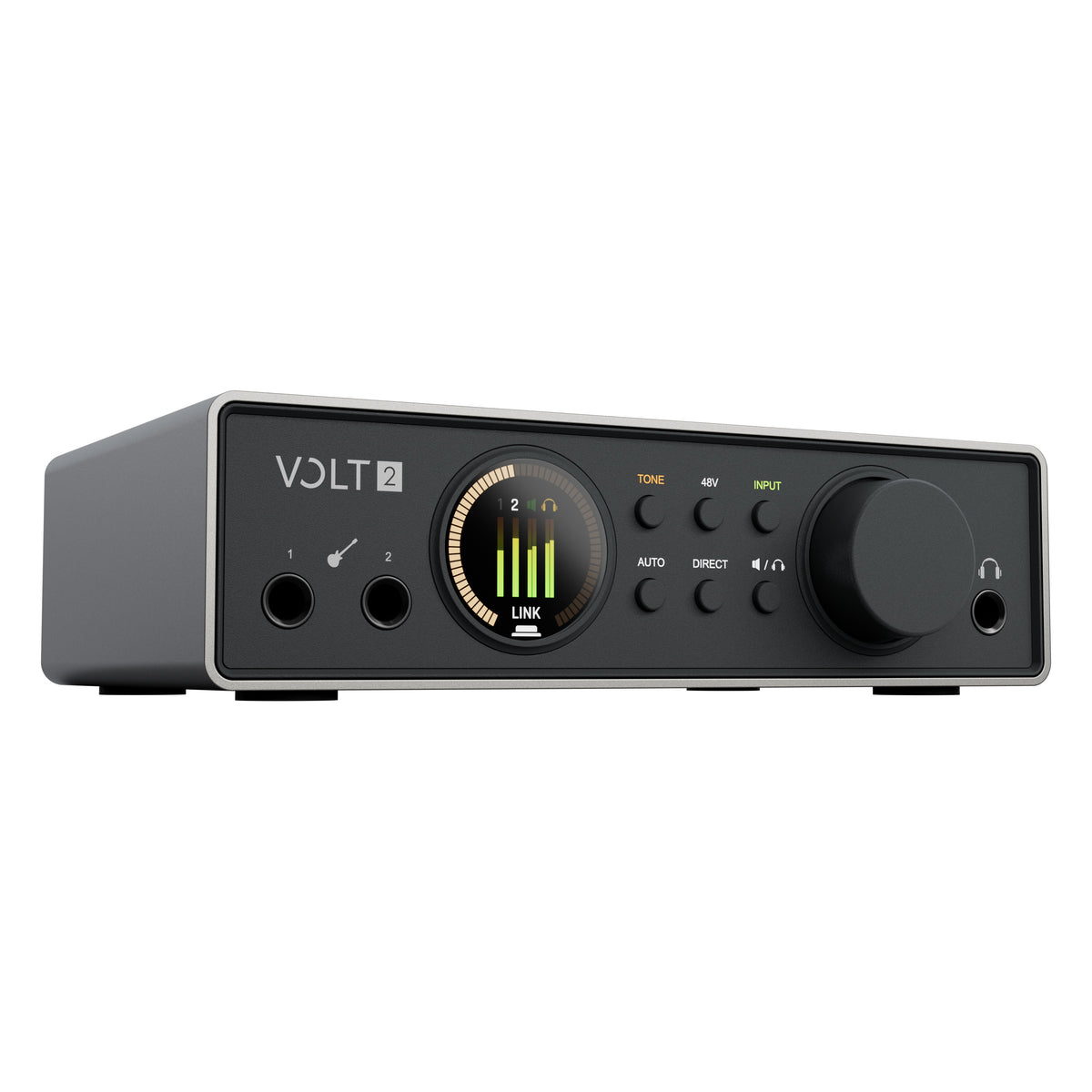 Volt 2 Gen 2 USB audio interface angled front view showing round color level meter display, Tone and 48V buttons, large gain knob and front instrument inputs, Universal Audio