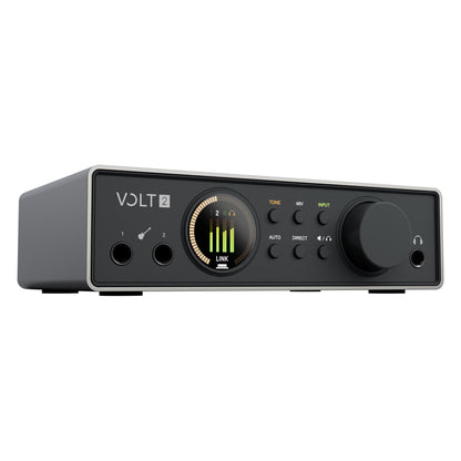 Volt 2 Gen 2 USB audio interface angled front view showing round color level meter display, Tone and 48V buttons, large gain knob and front instrument inputs, Universal Audio