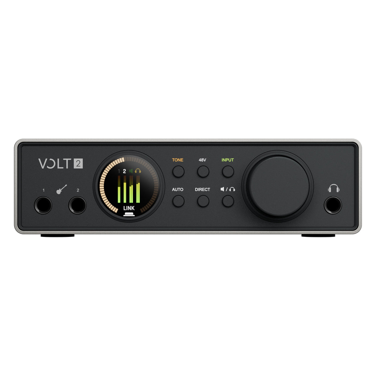 Volt 2 Gen 2 USB audio interface straight-on front view with Tone, 48V, Input, Auto, Direct buttons, level meter display and headphone output, Universal Audio