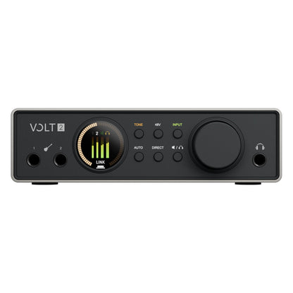 Volt 2 Gen 2 USB audio interface straight-on front view with Tone, 48V, Input, Auto, Direct buttons, level meter display and headphone output, Universal Audio
