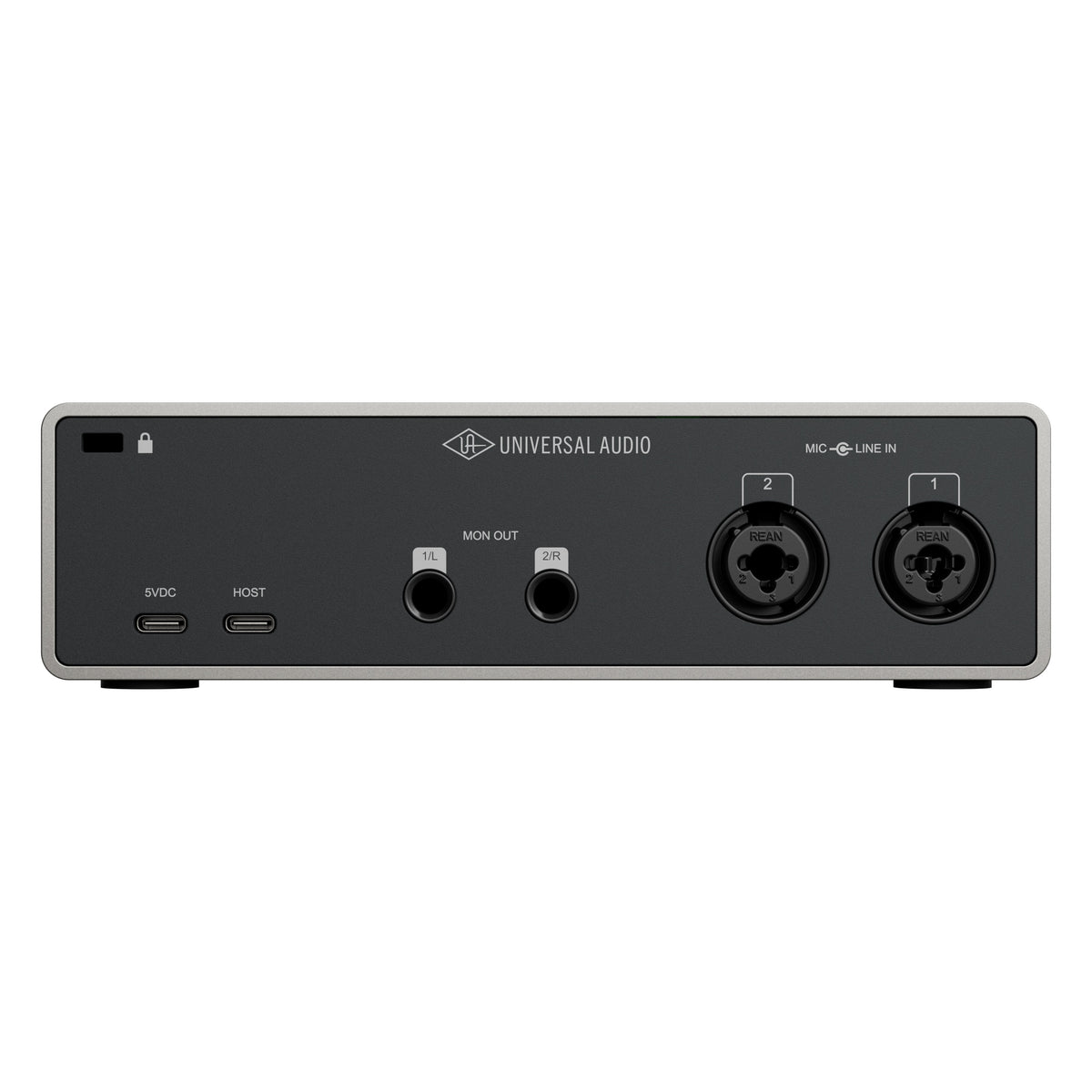 Volt 2 Gen 2 USB audio interface rear panel showing two combo XLR/TRS mic-line inputs, 1/4-inch monitor outputs and USB-C host and 5VDC ports, Universal Audio