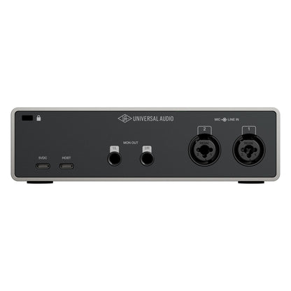 Volt 2 Gen 2 USB audio interface rear panel showing two combo XLR/TRS mic-line inputs, 1/4-inch monitor outputs and USB-C host and 5VDC ports, Universal Audio