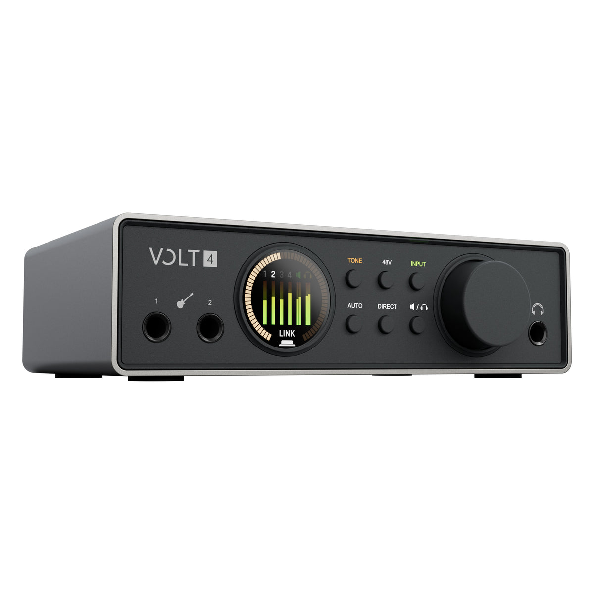 Volt 4 Gen 2 USB audio interface angled three-quarter front view showing color level meter display, TONE, 48V and INPUT buttons, large monitor knob and headphone jack, Universal Audio