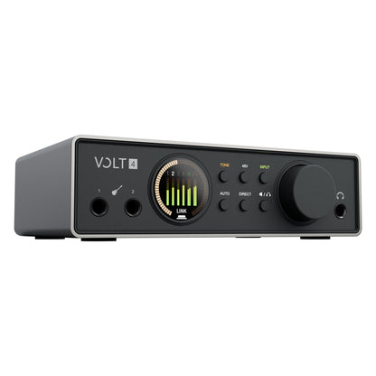 Volt 4 Gen 2 USB audio interface angled three-quarter front view showing color level meter display, TONE, 48V and INPUT buttons, large monitor knob and headphone jack, Universal Audio