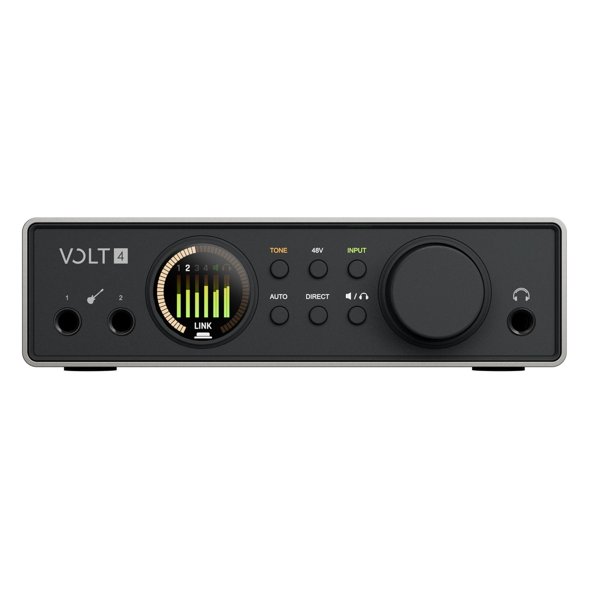 Volt 4 Gen 2 front view with two front instrument inputs, LINK level meter display, TONE, 48V, INPUT, AUTO and DIRECT buttons, monitor knob and headphone output, Universal Audio