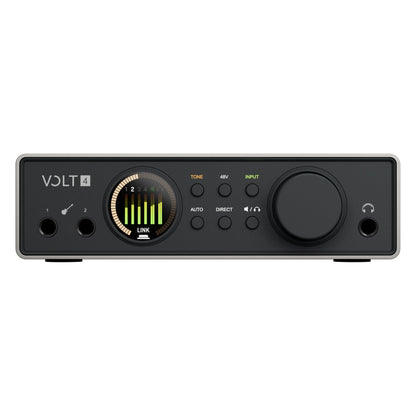 Volt 4 Gen 2 front view with two front instrument inputs, LINK level meter display, TONE, 48V, INPUT, AUTO and DIRECT buttons, monitor knob and headphone output, Universal Audio