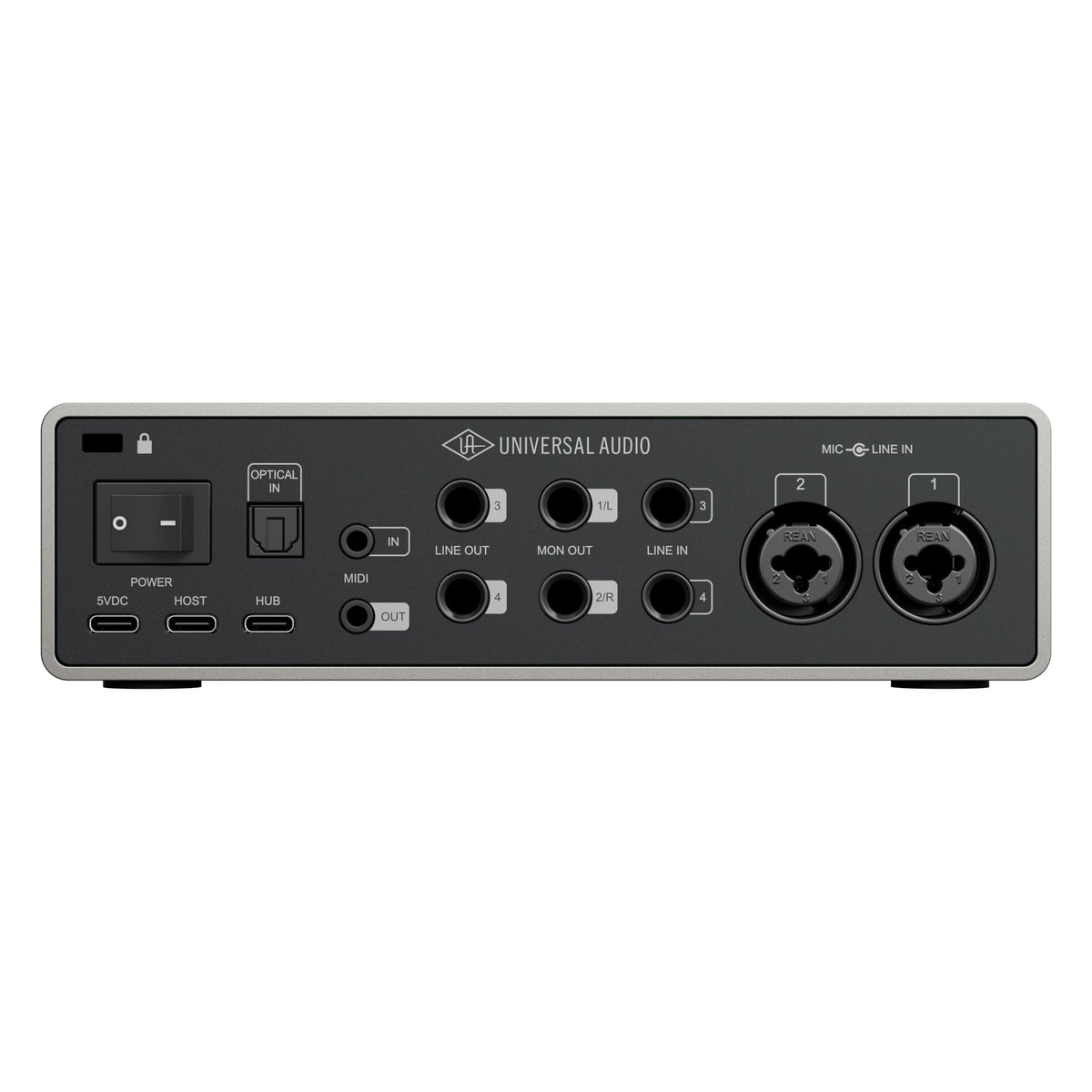 Volt 4 Gen 2 rear panel showing two XLR/TRS combo mic and line inputs, line ins, monitor and line outs, MIDI in/out, optical in, USB-C ports and power switch, Universal Audio