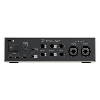 Volt 4 Gen 2 rear panel showing two XLR/TRS combo mic and line inputs, line ins, monitor and line outs, MIDI in/out, optical in, USB-C ports and power switch, Universal Audio