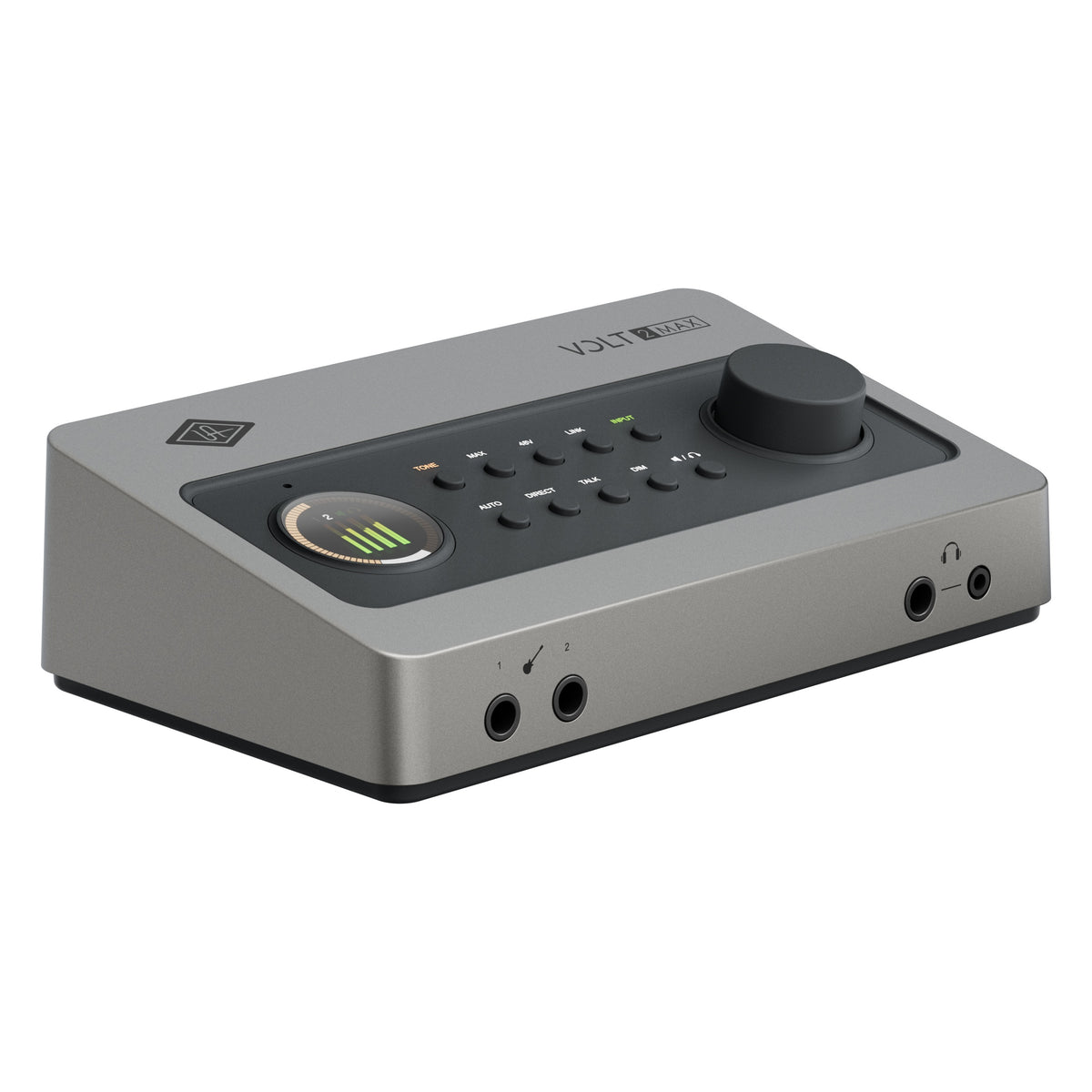 Volt 2 Max three-quarter view showing front instrument inputs, headphone outputs, angled control panel with level meter and large monitor knob, Universal Audio