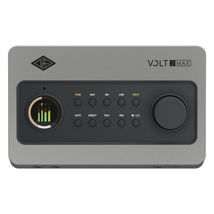 Volt 2 Max top-down view of control panel with Tone, Max, 48V, Link, Input, Auto, Direct, Talk and Dim buttons, LED meter and monitor knob, Universal Audio