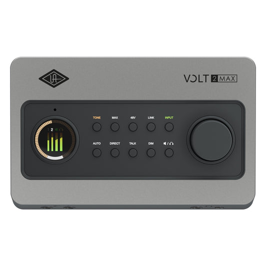 Volt 2 Max top-down view of control panel with Tone, Max, 48V, Link, Input, Auto, Direct, Talk and Dim buttons, LED meter and monitor knob, Universal Audio