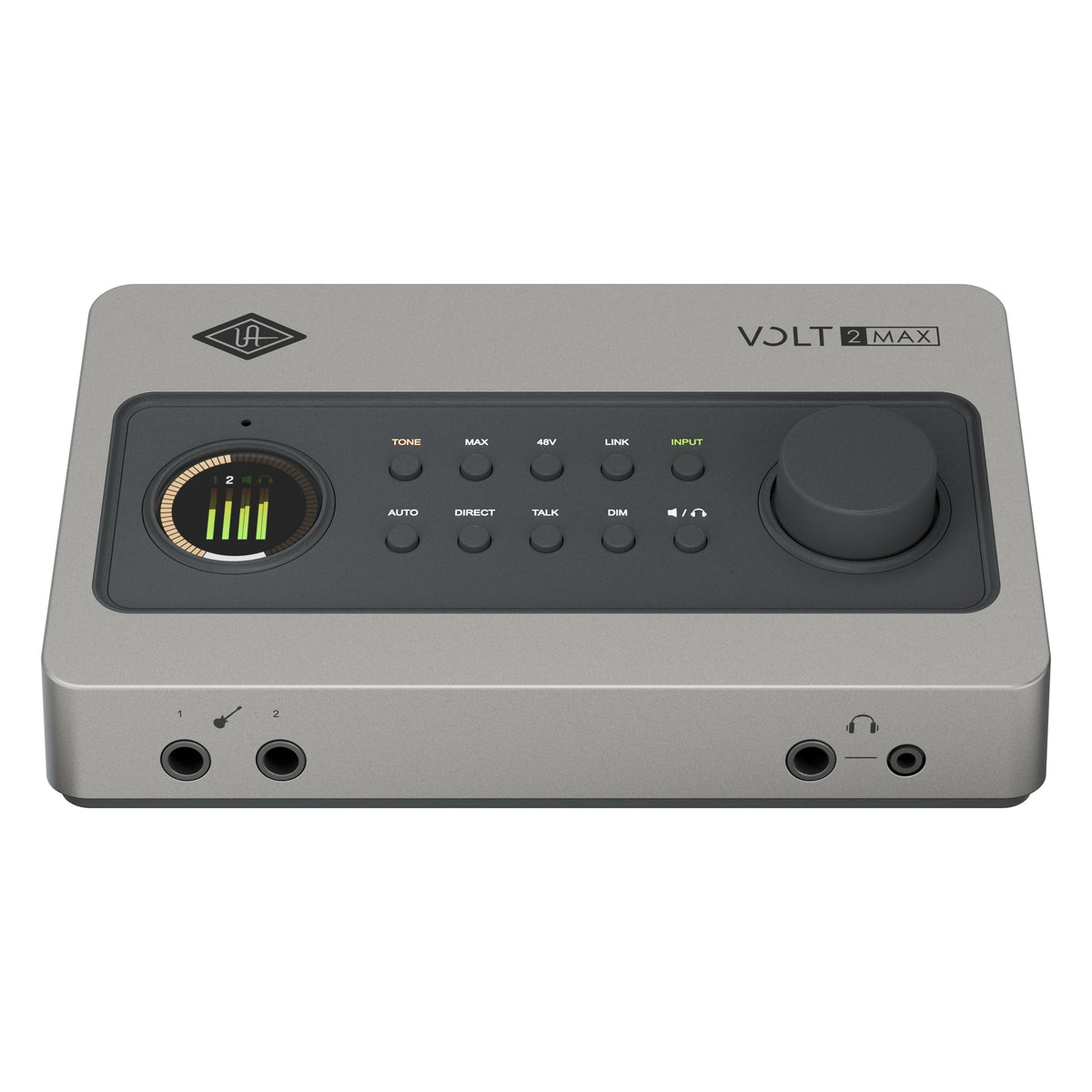 Volt 2 Max elevated front angle view showing channel 1 and 2 front inputs, headphone jacks and illuminated meter display, Universal Audio