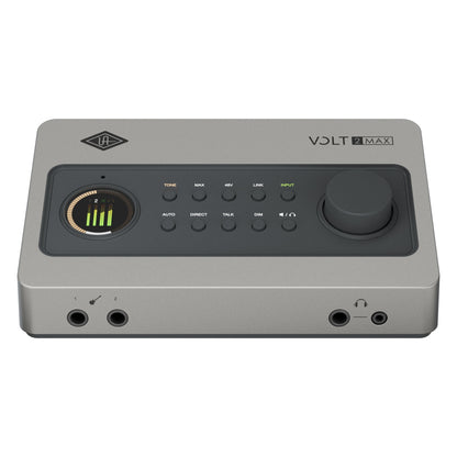 Volt 2 Max elevated front angle view showing channel 1 and 2 front inputs, headphone jacks and illuminated meter display, Universal Audio