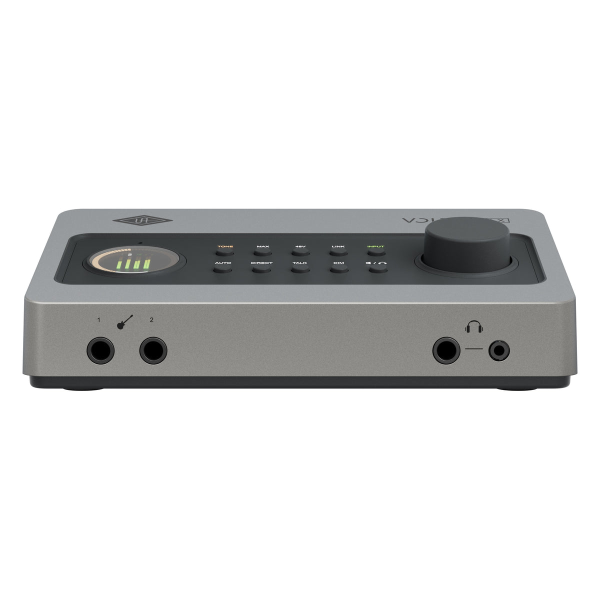 Volt 2 Max straight-on front view showing two front instrument inputs and dual headphone outputs below the control surface, Universal Audio