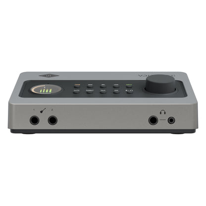 Volt 2 Max straight-on front view showing two front instrument inputs and dual headphone outputs below the control surface, Universal Audio