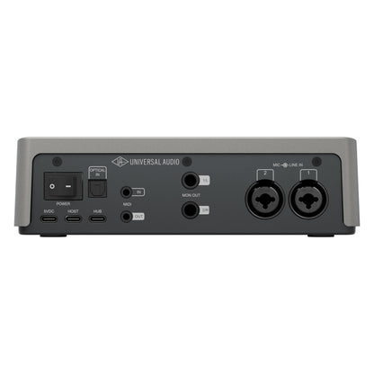 Volt 2 Max rear panel showing combo XLR/TRS mic-line inputs, monitor outs, MIDI in/out, optical in, USB-C ports and power switch, Universal Audio