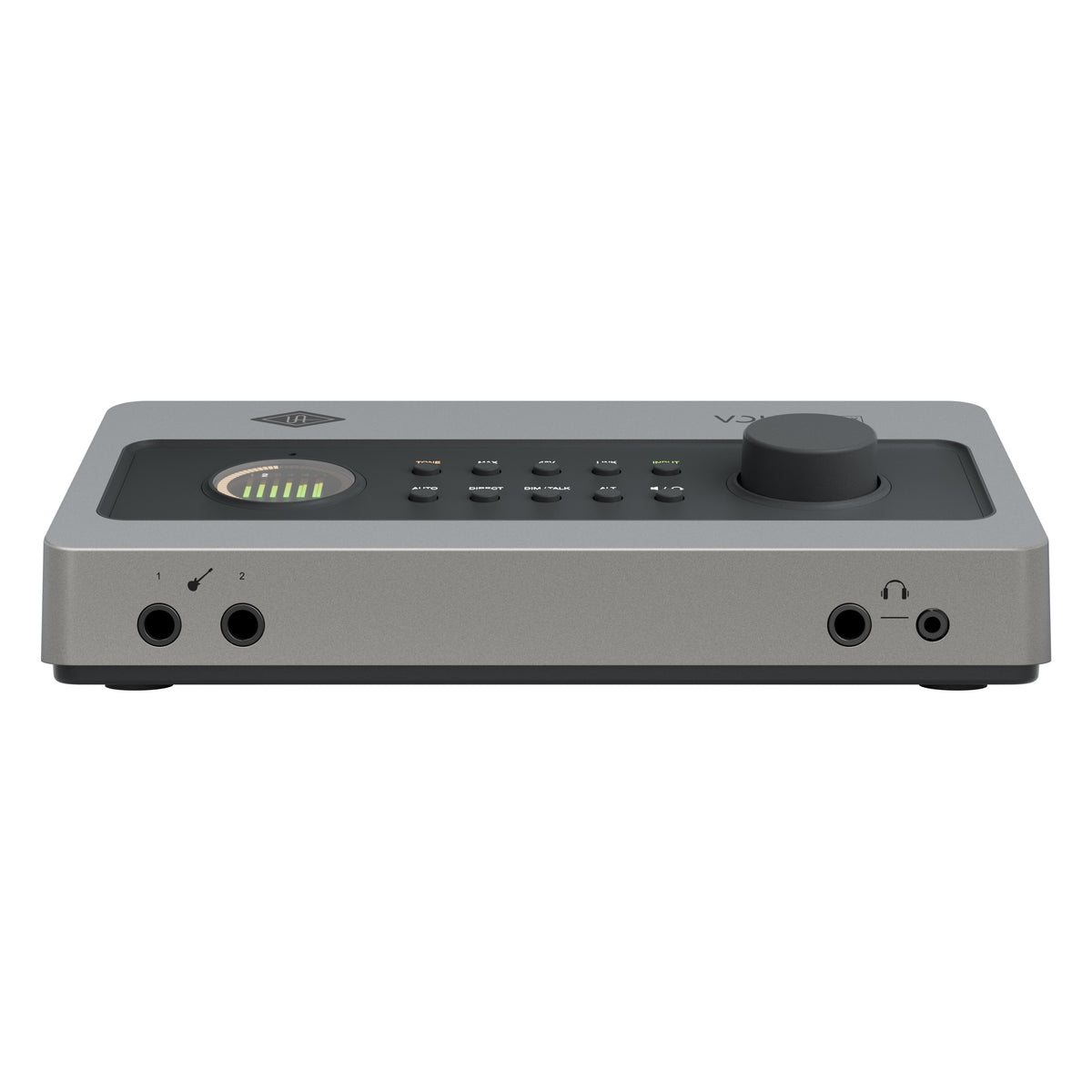 Volt 4P Max front edge view with two instrument inputs and dual 1/4-inch and 3.5mm headphone outputs, Universal Audio