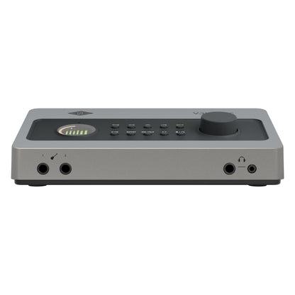 Volt 4P Max front edge view with two instrument inputs and dual 1/4-inch and 3.5mm headphone outputs, Universal Audio
