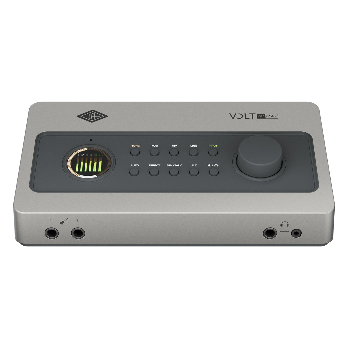 Volt 4P Max front angle view showing TONE, MAX, 48V, LINK and INPUT function buttons beside the monitor level knob, Universal Audio