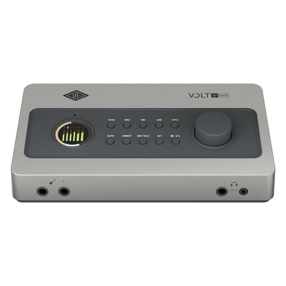 Volt 4P Max front angle view showing TONE, MAX, 48V, LINK and INPUT function buttons beside the monitor level knob, Universal Audio