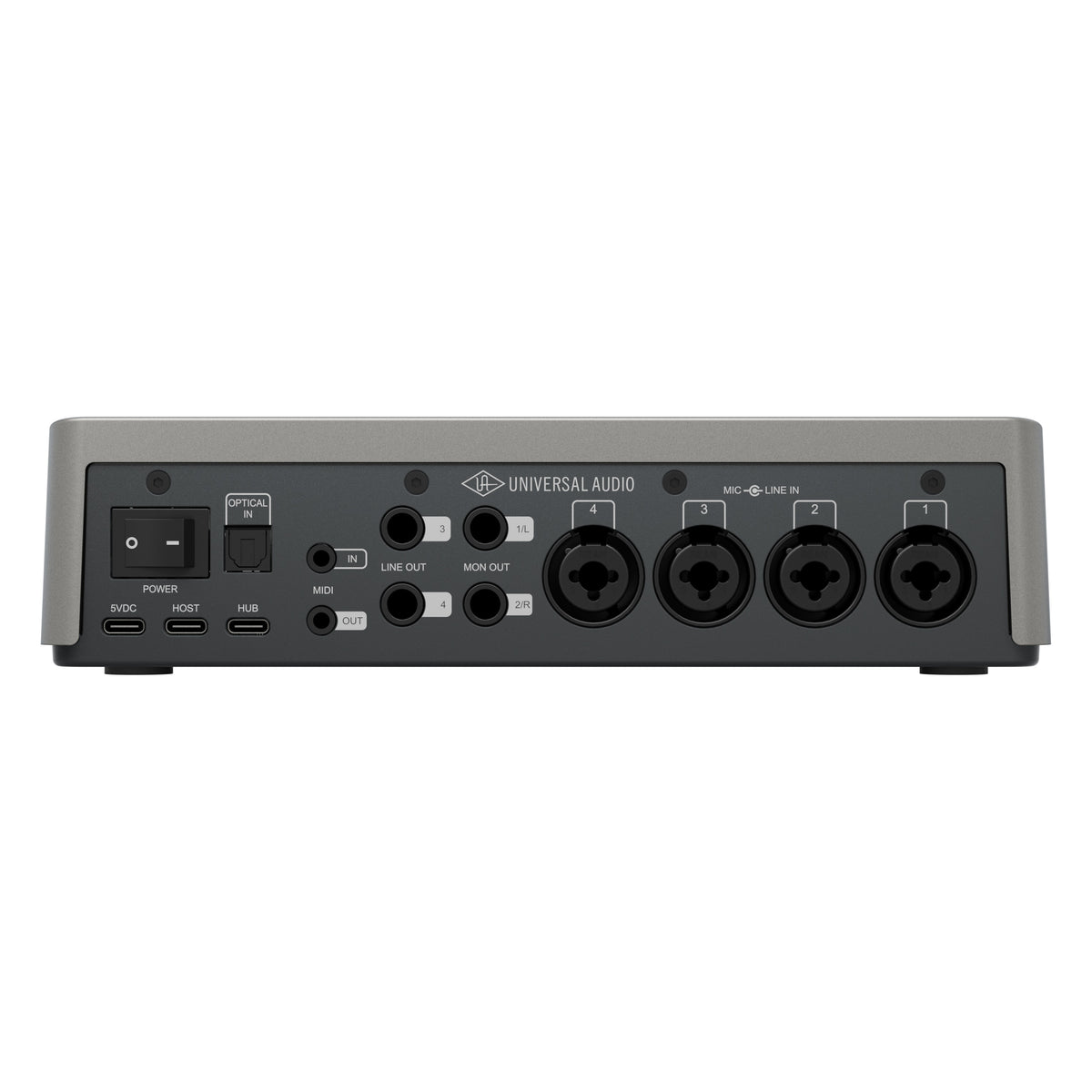 Volt 4P Max rear panel with four combo mic/line inputs, line and monitor outs, MIDI I/O, optical in and USB-C ports, Universal Audio