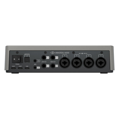 Volt 4P Max rear panel with four combo mic/line inputs, line and monitor outs, MIDI I/O, optical in and USB-C ports, Universal Audio
