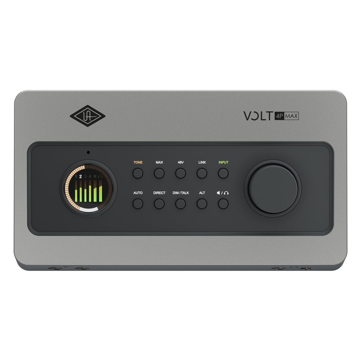 Volt 4P Max top-down view of control surface with circular multi-channel LED meter and ten-button control row, Universal Audio