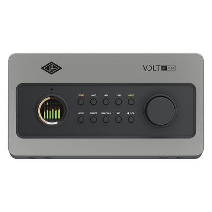 Volt 4P Max top-down view of control surface with circular multi-channel LED meter and ten-button control row, Universal Audio
