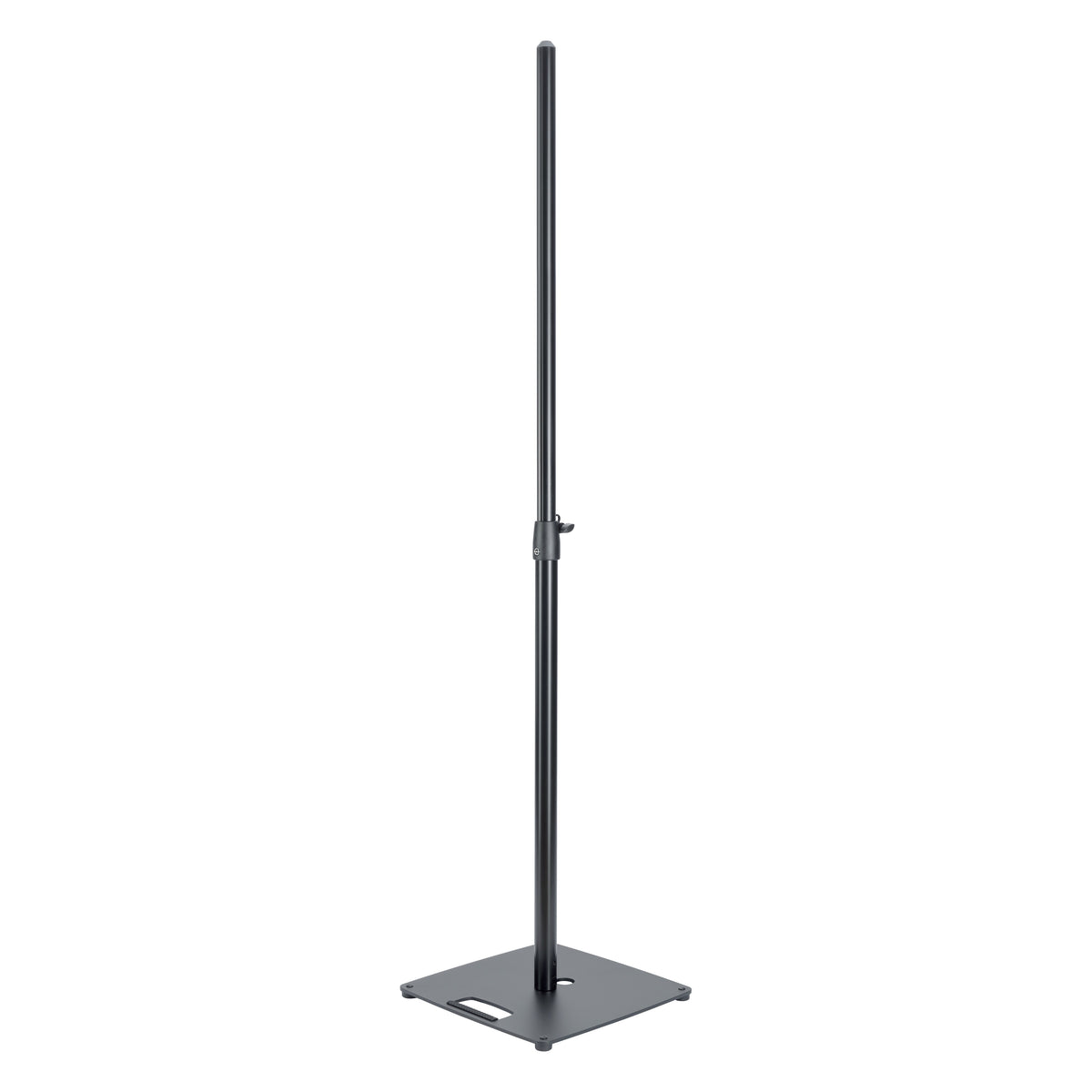 26731 speaker stand full front view extended with black steel pole, clamp collar and square steel base with carry handle cutout, K&M