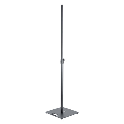 26731 speaker stand full front view extended with black steel pole, clamp collar and square steel base with carry handle cutout, K&M