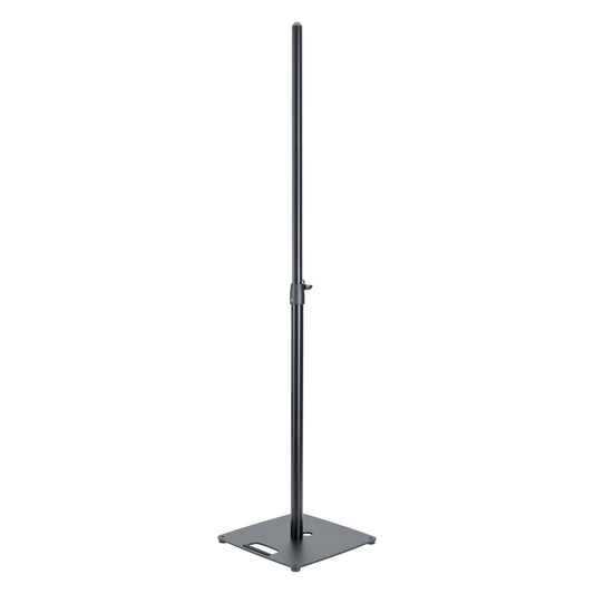 26731 speaker stand full front view extended with black steel pole, clamp collar and square steel base with carry handle cutout, K&M