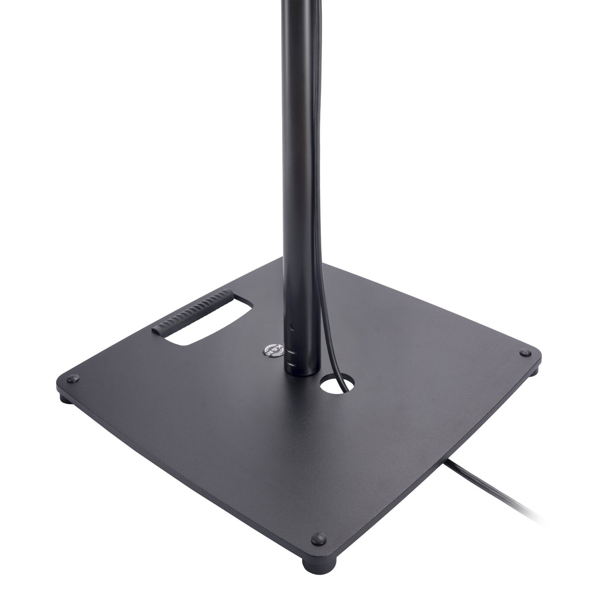 26731 speaker stand base detail showing square steel plate with handle cutout, rubber feet and cable routed through the pole hole, K&M