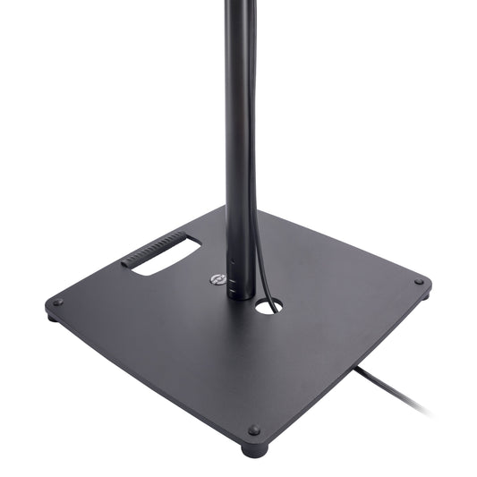 26731 speaker stand base detail showing square steel plate with handle cutout, rubber feet and cable routed through the pole hole, K&M