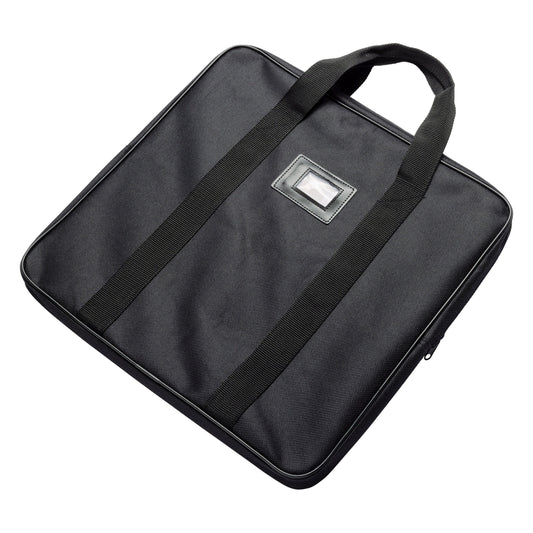 246 Series base plate carrying case 406 x 406 mm top three-quarter view in black nylon with webbing carry handles and clear ID label window, K&M