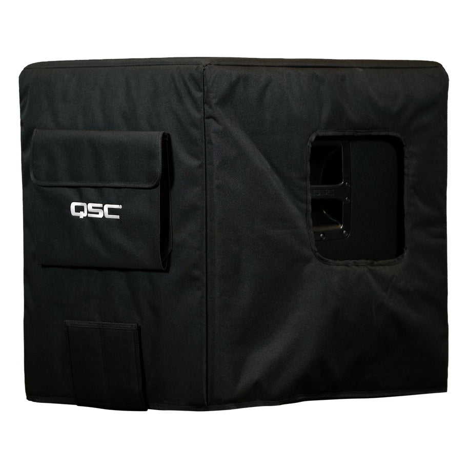 CS18-CVR angled three-quarter view of black padded subwoofer cover with QSC logo on front pocket and cutout window on side panel, QSC