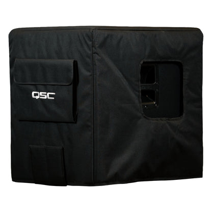 CS18-CVR angled three-quarter view of black padded subwoofer cover with QSC logo on front pocket and cutout window on side panel, QSC