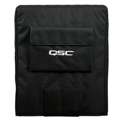 CS18-CVR front view of black subwoofer cover with flap pocket displaying white QSC logo and lower pass-through slot, QSC