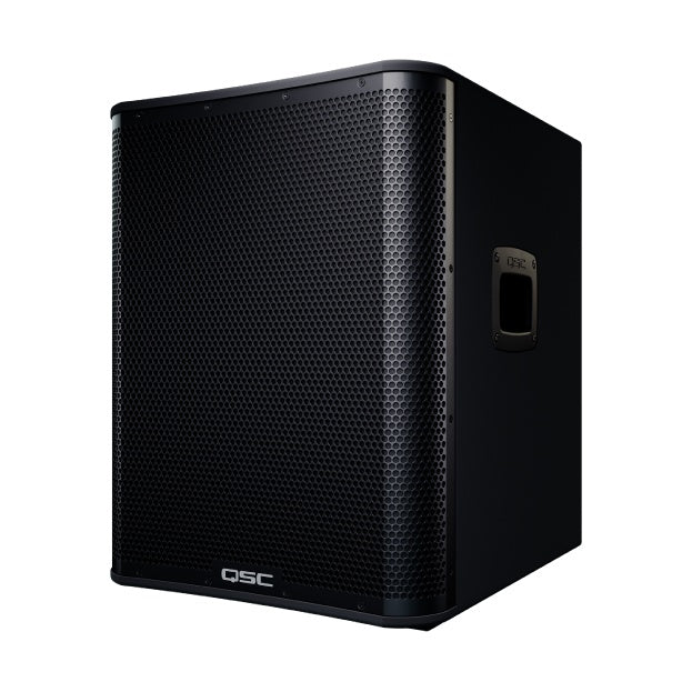 CS15-NA three-quarter front view showing perforated black steel grille, recessed side handle and QSC logo on the cabinet base, QSC